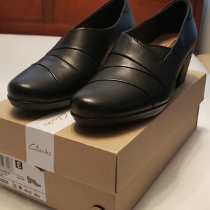 Clark's black leather "Emslie Warbler" heels, wome